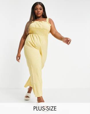 Fashion Union Plus shirred waist wide leg jumpsuit in check - ASOS Price Checker