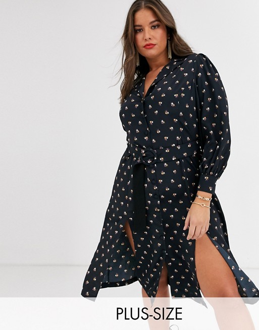 Fashion Union Plus shirt dress with belted waist in allover ditsy floral