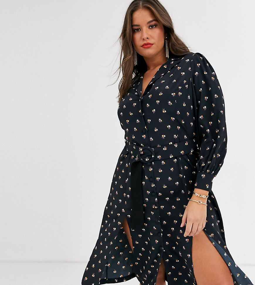 Fashion Union Plus shirt dress with belted waist in allover ditsy floral-Black
