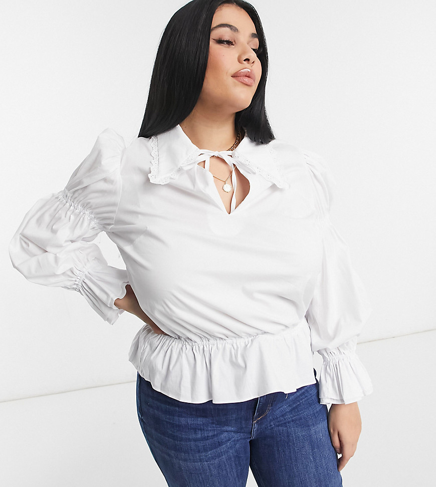 Fashion Union Plus Shirt With Lace Edge Collar In Poplin-white