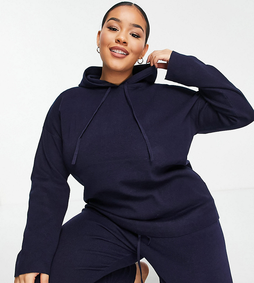 Fashion Union Plus slouch knitted hoodie set-Navy