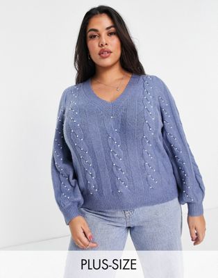 Fashion Union Plus slouch v-neck jumper with pearl detail
