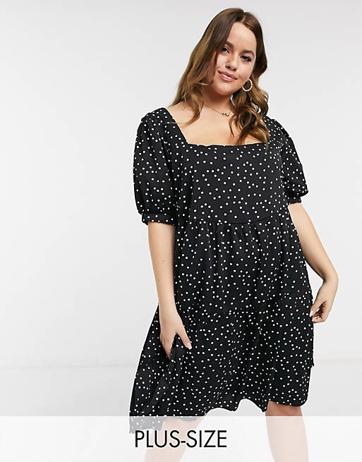 Fashion Union Plus square neck tiered smock dress in polka dot