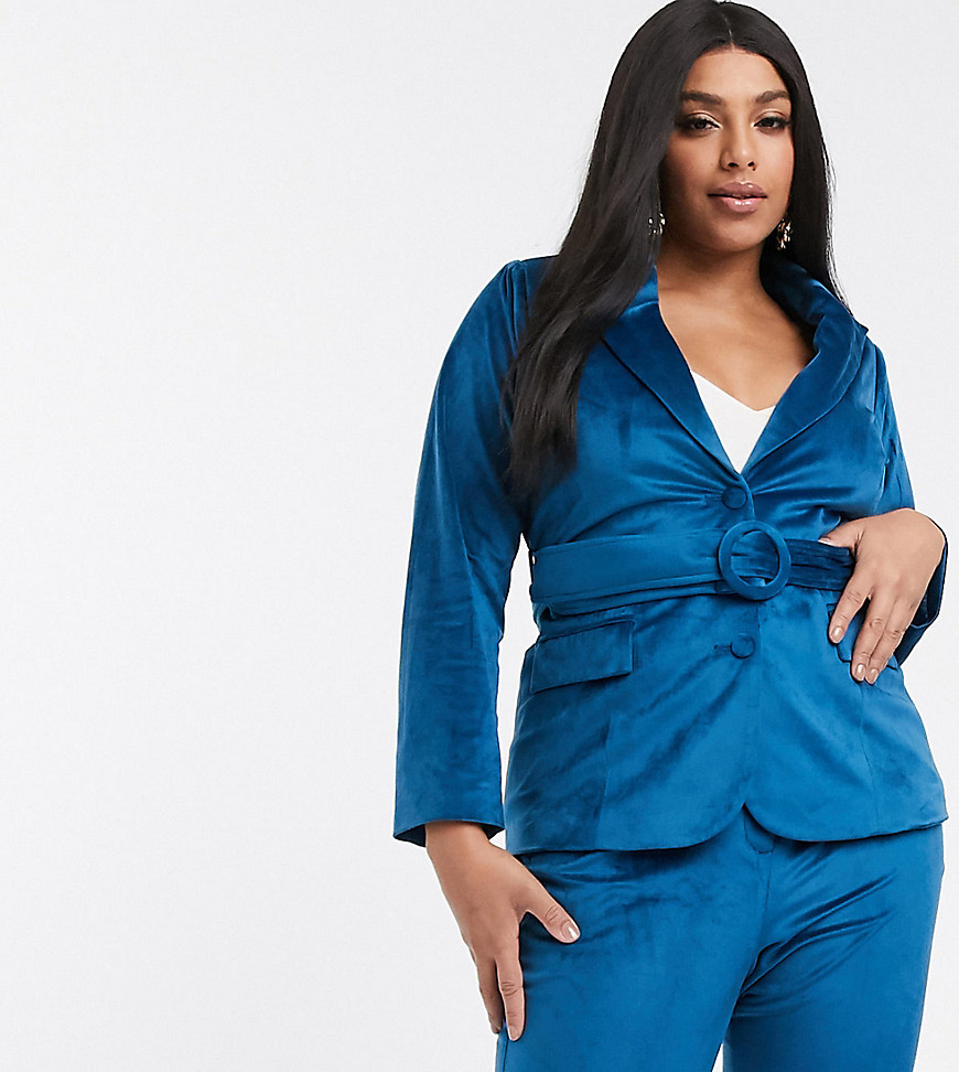 Fashion Union Plus tailored blazer with belted waist in teal velvet co-ord-Blue