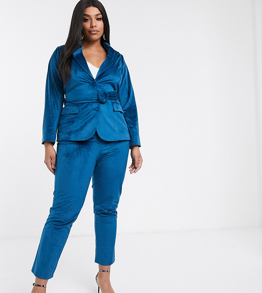 Fashion Union Plus tailored trouser in teal velvet co-ord-Blue