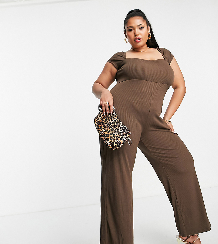 Fashion Union Plus wide leg ribbed jumpsuit with sweetheart neckline-Brown