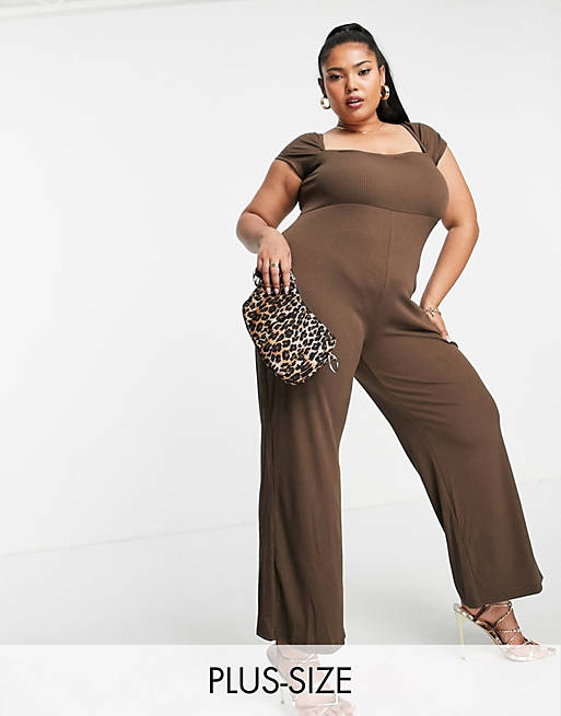 Fashion Union Plus wide leg ribbed jumpsuit with sweetheart neckline