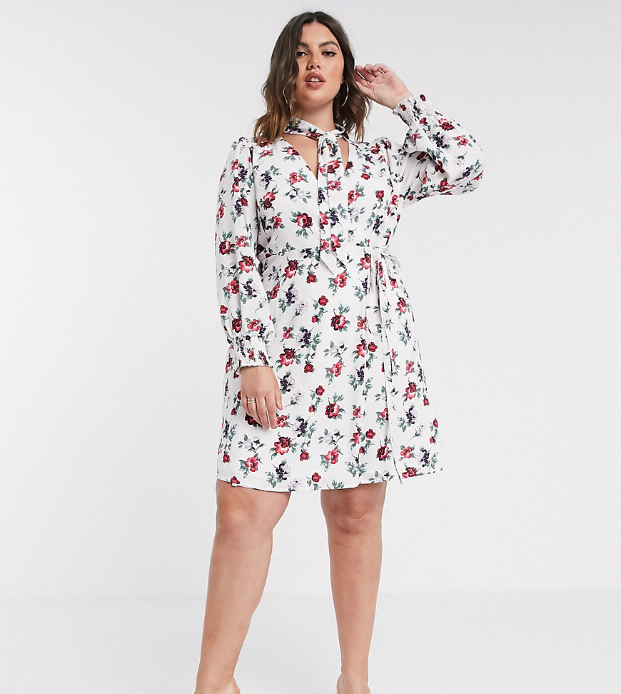 Fashion Union Plus wrap dress in floral with tie neck-White