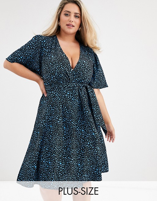 Fashion Union Plus wrap dress with ruched sleeve in blue dalmatian