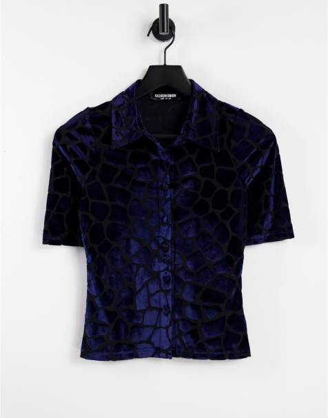 Fashion Union – Polohemd aus Ausbrennersamt und Netzstoff in Marineblau - view 1