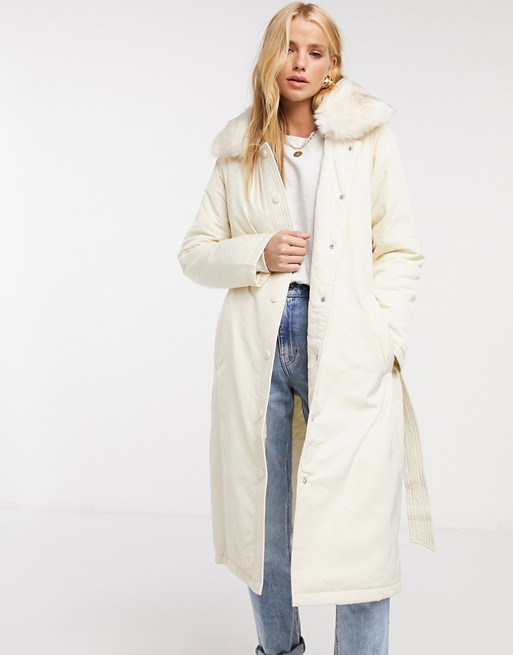 Fashion Union puffer coat with faux fur trim and belt