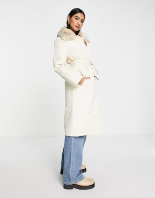 Fashion Union puffer coat with faux fur trim and belt - ASOS Price Checker