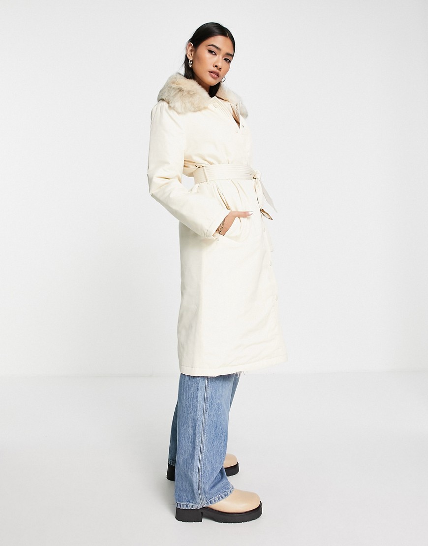 Fashion Union puffer coat with faux-fur trim and belt-White
