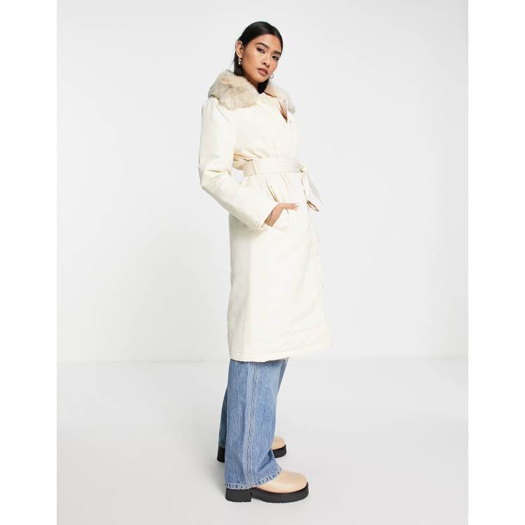 Fashion Union Belted Puffer Coat With Faux Fur Trim In good Cream NWT