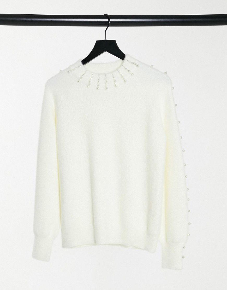Fashion Union relaxed sweater with pearl embellishment-White