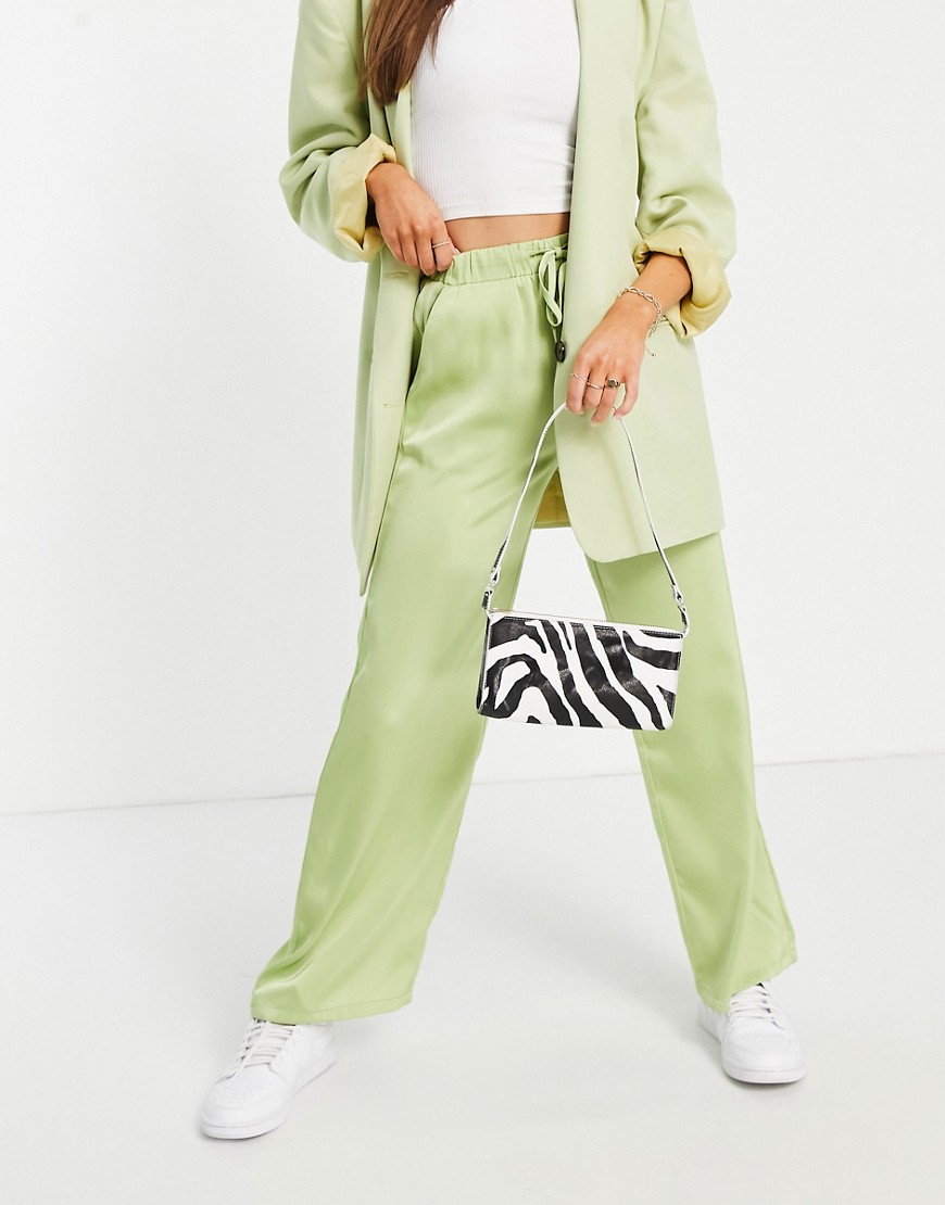 Fashion Union relaxed wide leg pants in lime satin - part of a set-Green