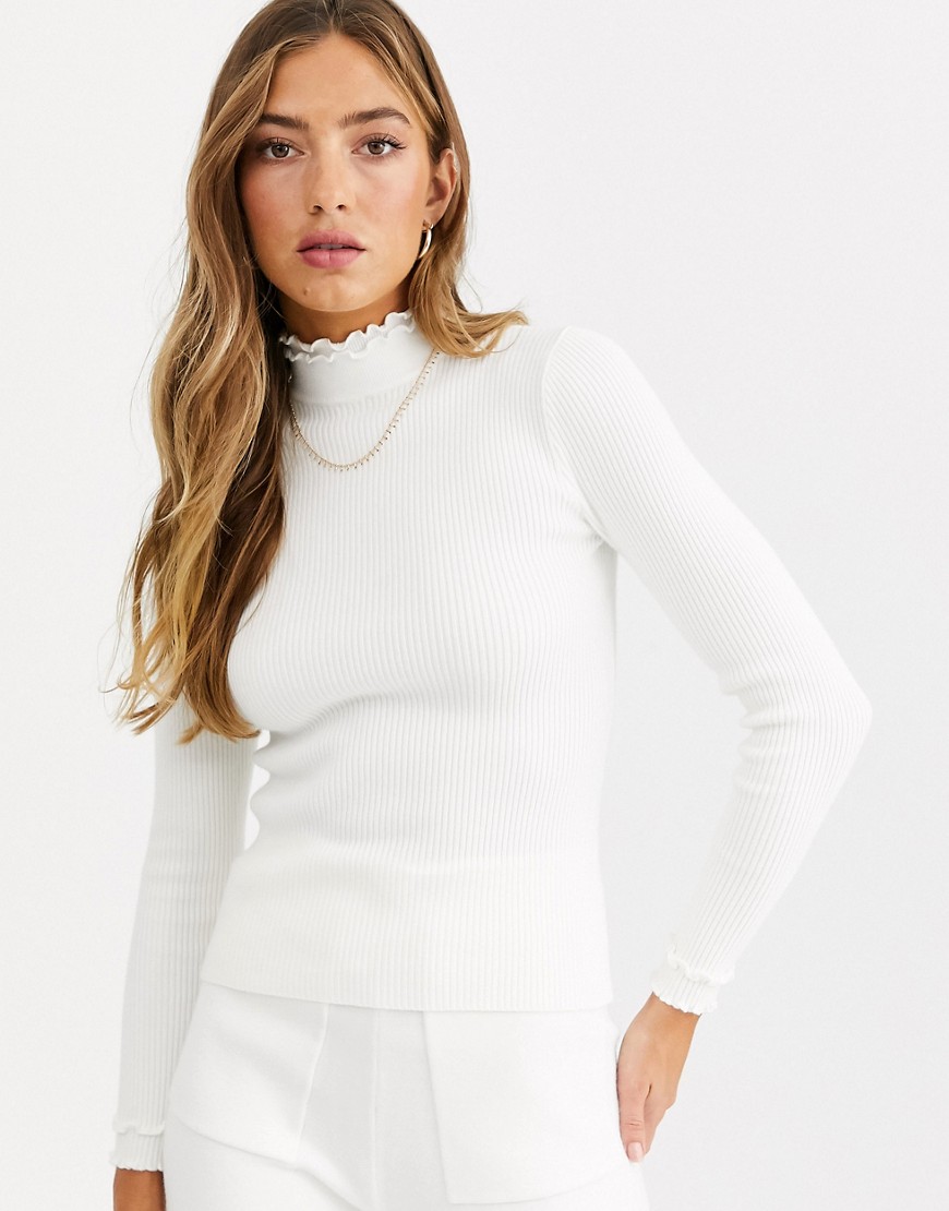 Fashion Union ribbed slim fit jumper with ruffle neck detail-White