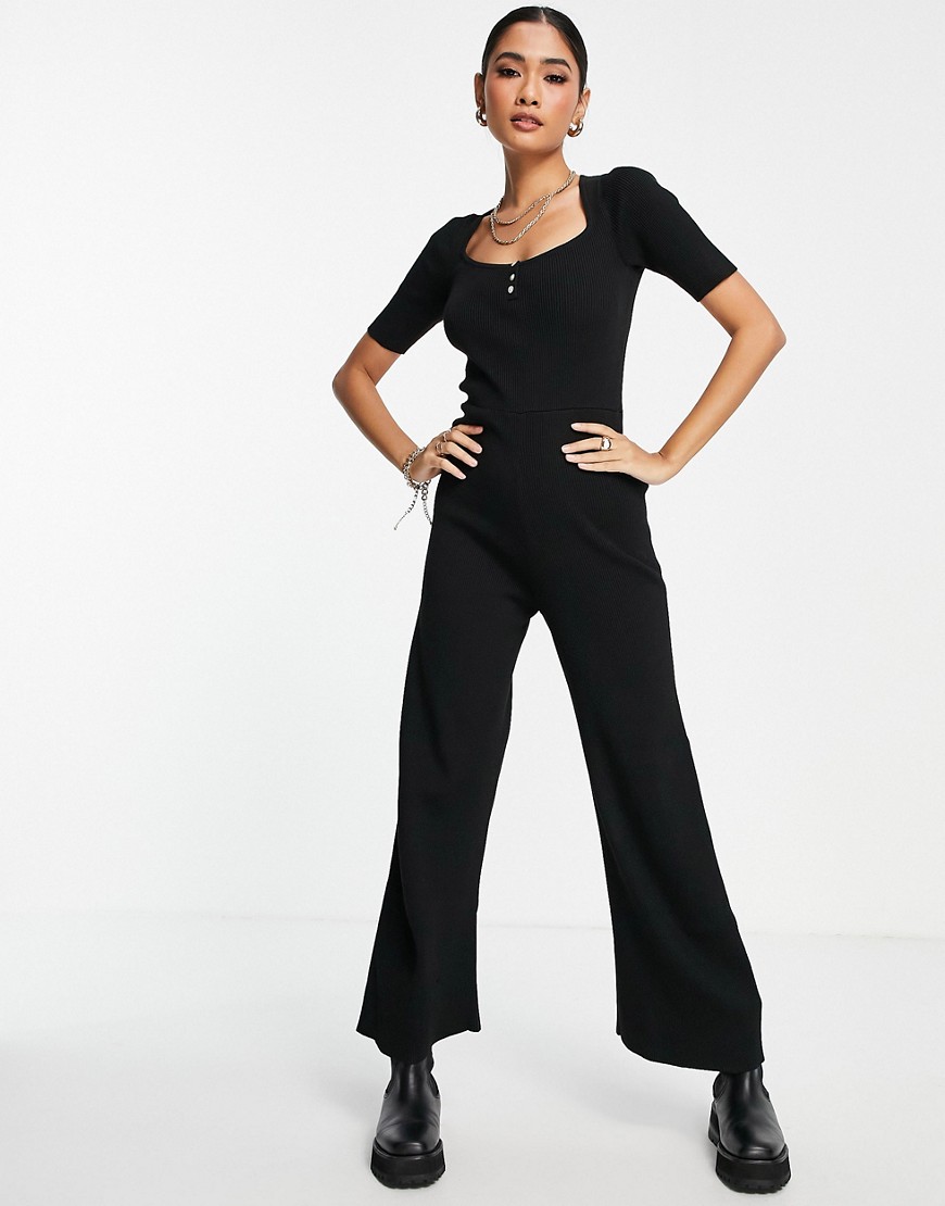 Fashion Union ribbed wide leg knit jumpsuit with scoop neck-Black
