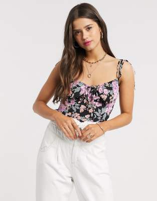 Fashion Union Fashion Union ruche detail cami top in floral-Black