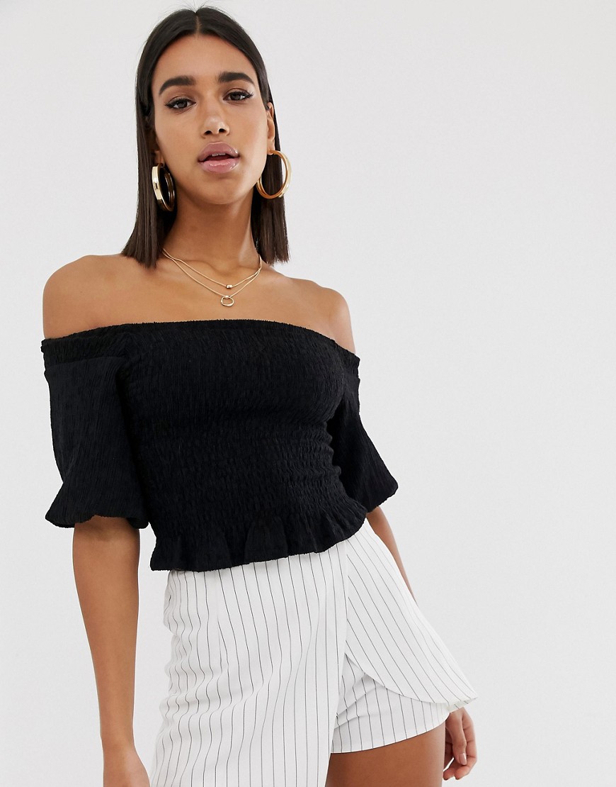 Fashion Union ruched crop top with balloon sleeves in crinkle-Black