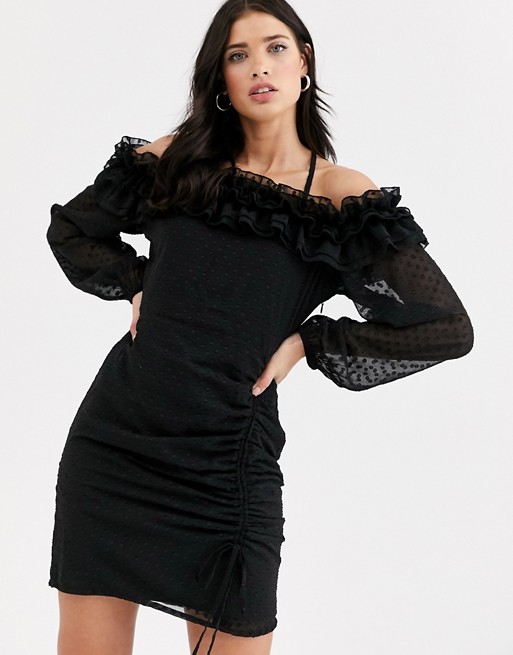 Fashion Union ruffle bardot mini dress in dobby mesh