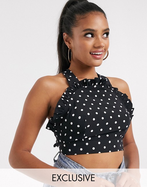 Fashion Union ruffle front crop top with cross back