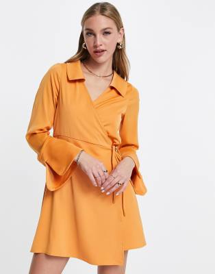 FASHION UNION SATIN WRAP FRONT MINI DRESS-ORANGE