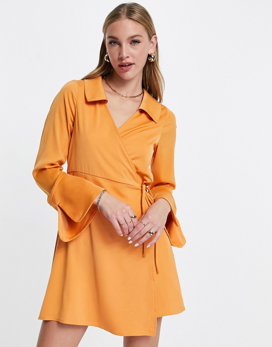fashion union satin wrap front mini dress-orange