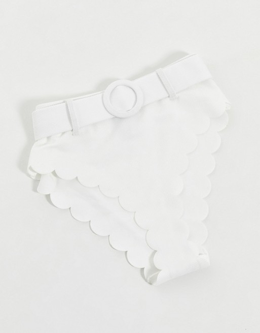 Fashion Union scallop edge with belt high waist bikini bottom in white