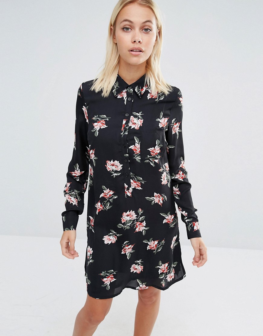 Fashion Union Shirt Dress In Floral Print With Tie Neck-Black