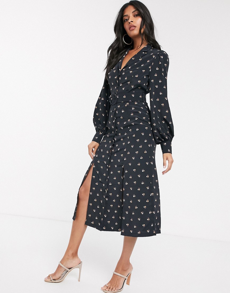 Fashion Union shirt dress with belted waist in allover ditsy floral-Black