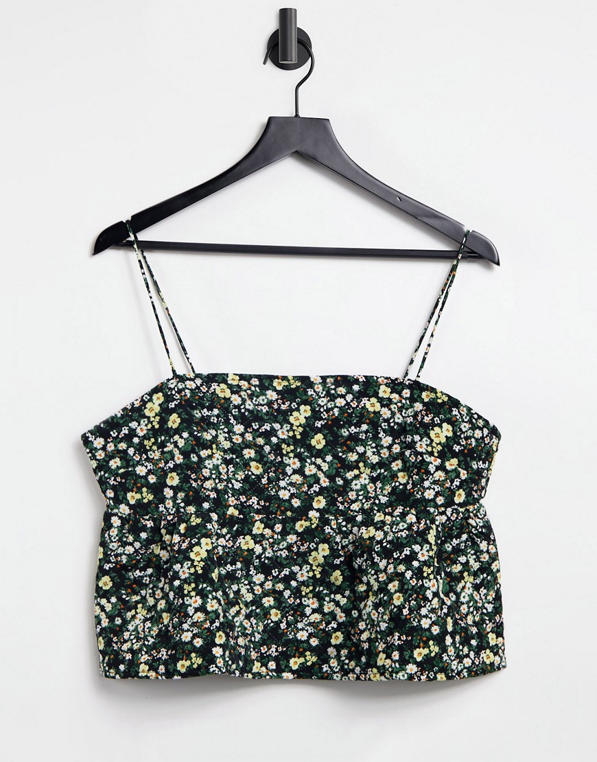 Fashion Union - Smock-top med cami-stropper og peplum-kant i vatteret blomstermønster - Del af sæt-Sort