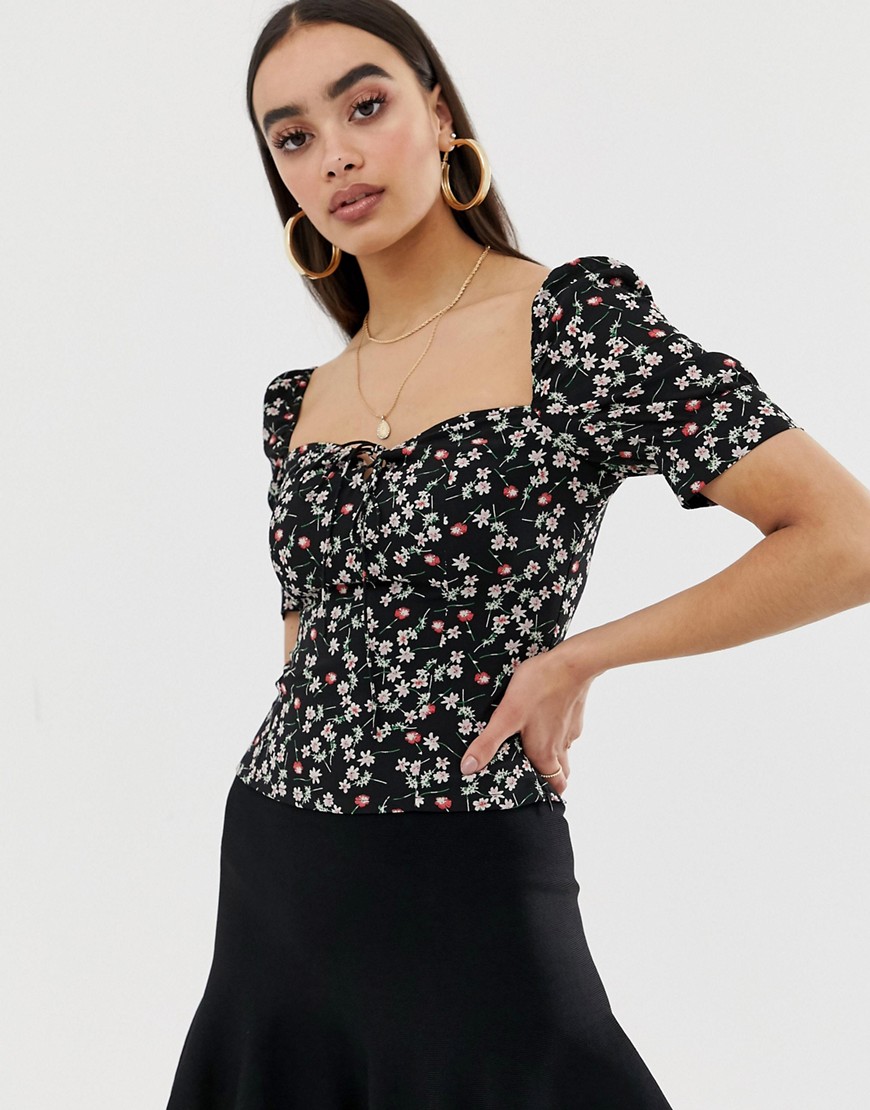 Fashion Union square neck blouse in floral-Black