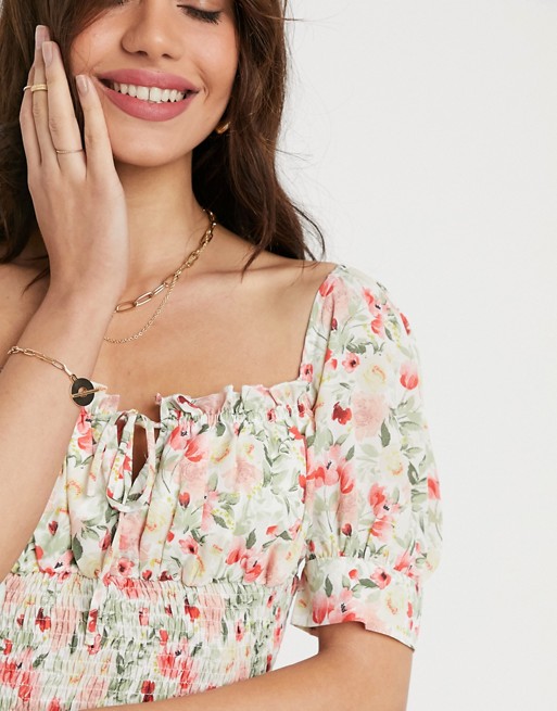 Fashion Union square neck top with tie in vintage floral print