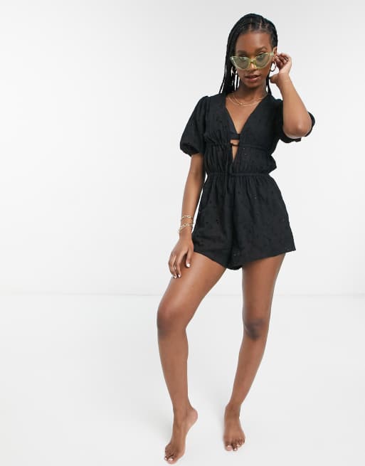Fashion Union - Strandplaysuit met broderie anglaise in zwart