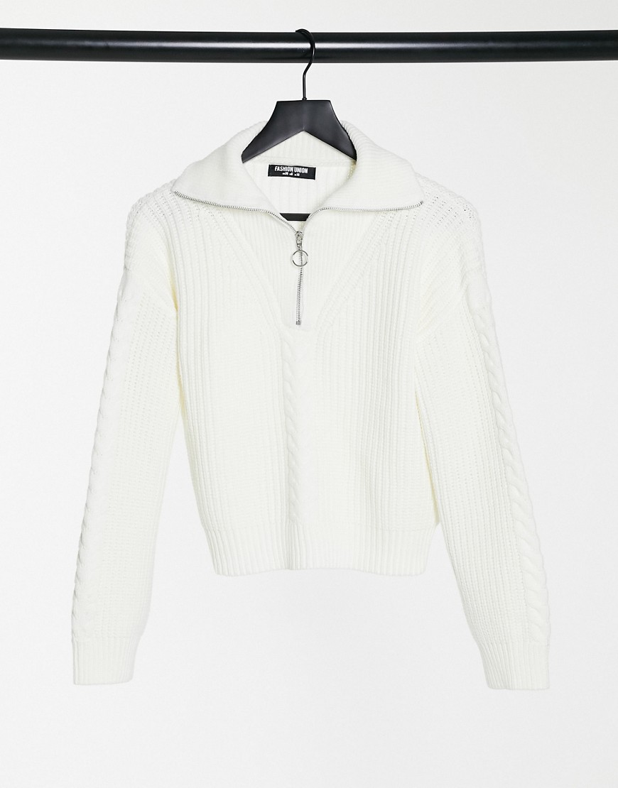Fashion Union sweater with half zip in cable knit-White