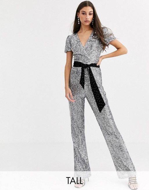 Fashion Union Tall allover silver sequin jumpsuit with velvet tie waist