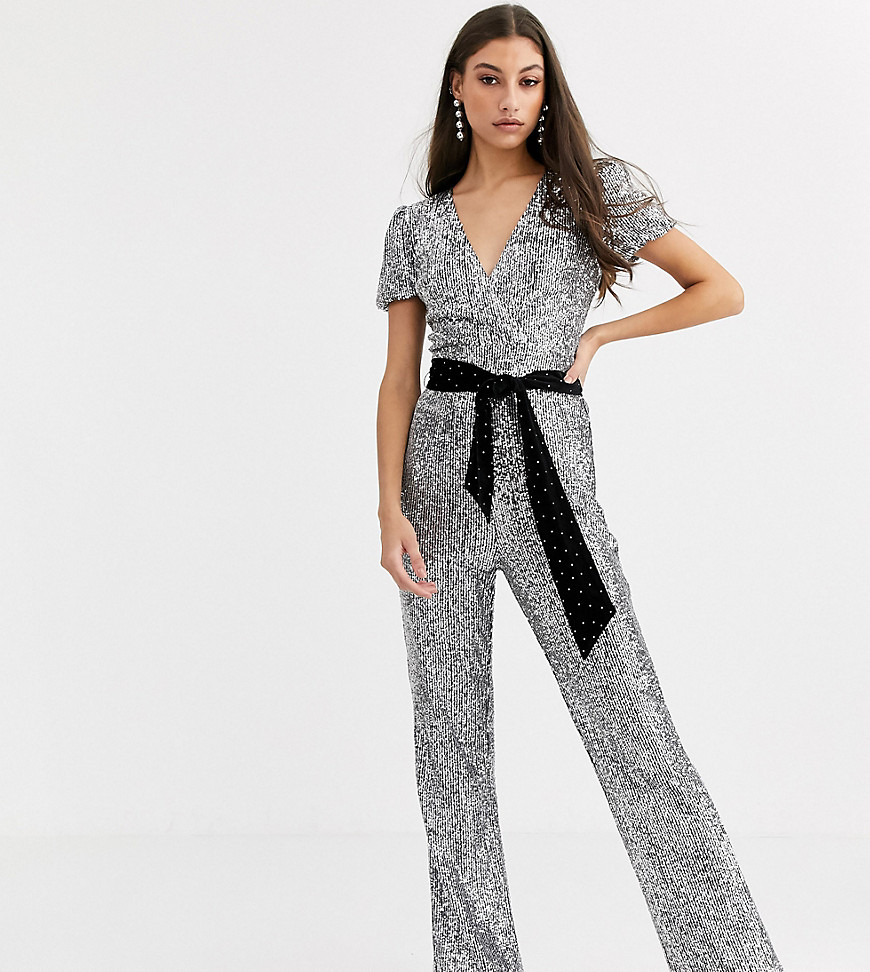 Fashion Union Tall allover silver sequin jumpsuit with velvet tie waist