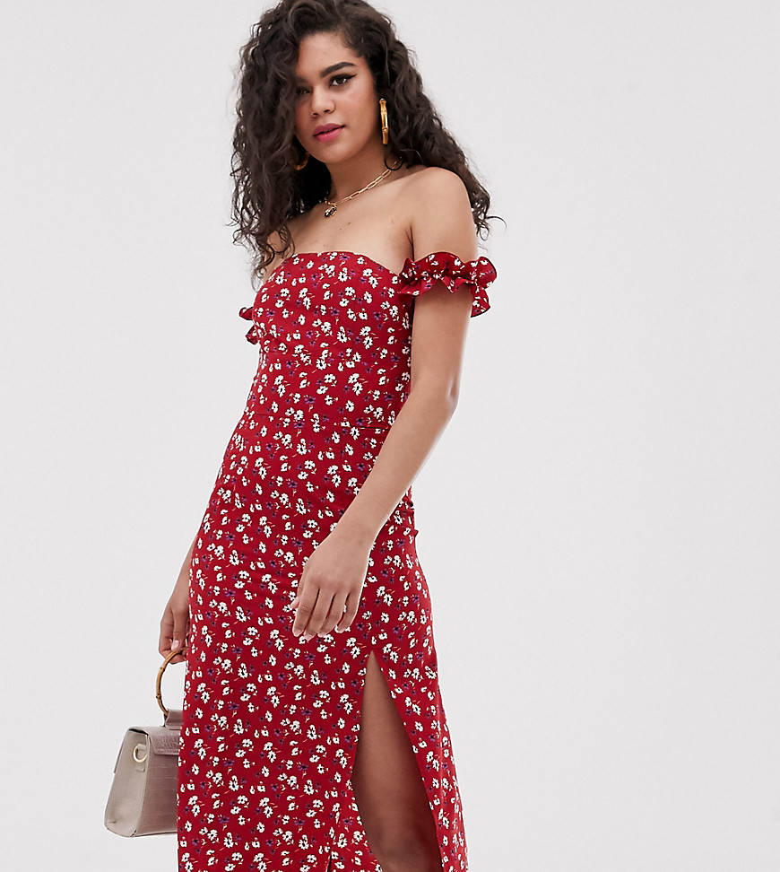 Fashion Union Tall bardot midi dress with split in daisy print-Red
