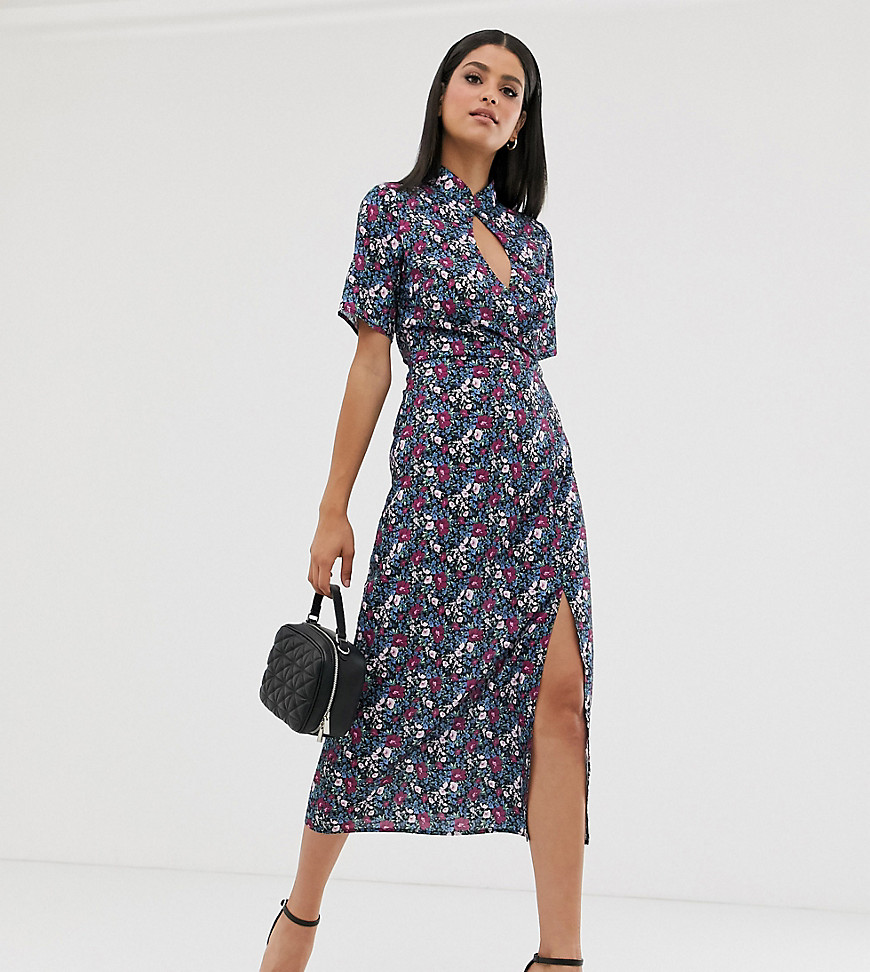 Fashion Union Tall – Blommig shiftklänning i midilängd med hög ringning och nyckelhålsöppning-Flerfärgad