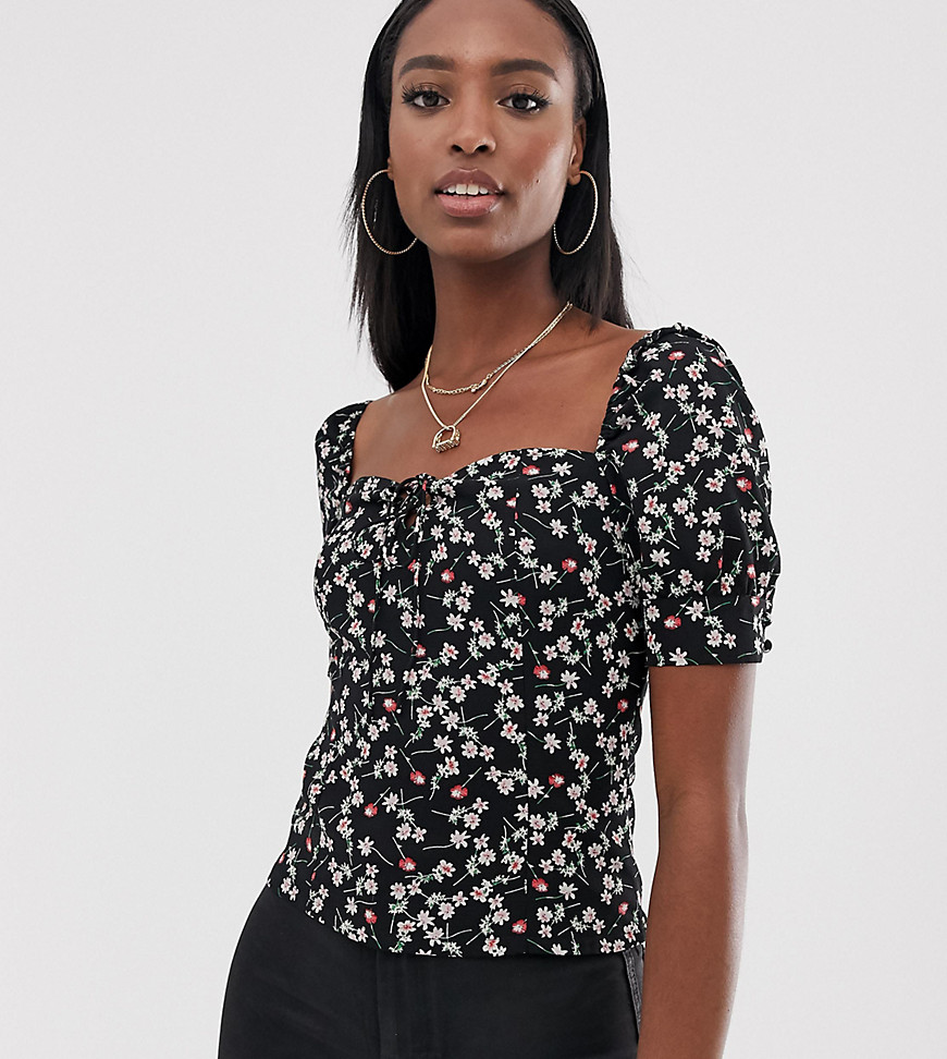 Fashion Union Tall - Blouse met vierkante hals en bloemenprint-Zwart