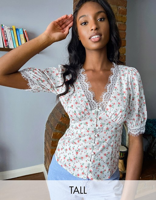 Fashion Union tall cap sleeve top with lace inserts in ditsy print