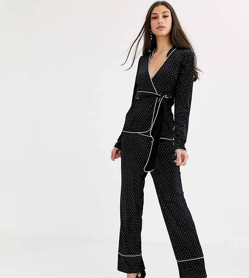 Fashion Union Tall - Combi-set met fluwelen broek met siersteentjes-Zwart