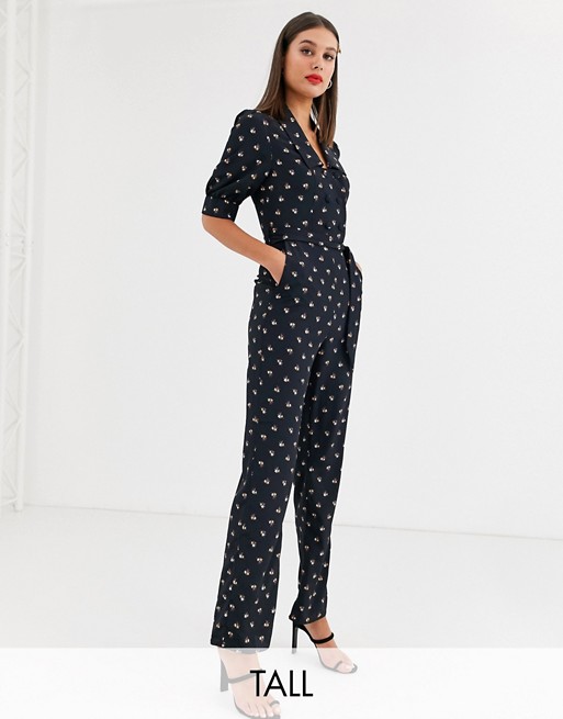 Fashion Union Tall double button front jumpsuit with tie waist in allover ditsy floral
