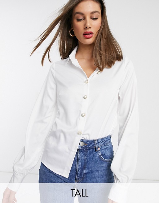 Fashion Union Tall faux pearl button front blouse with balloon sleeve in ivory