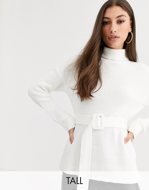 Fashion Union Tall high neck fitted jumper with waist belt