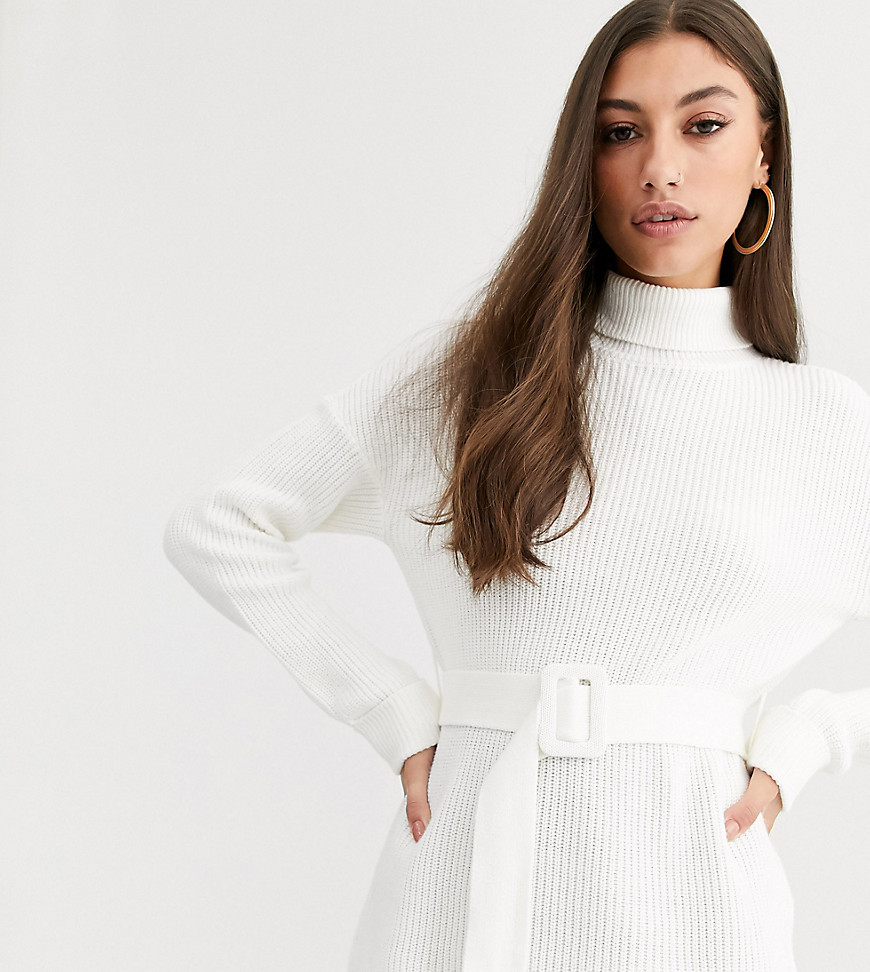 Fashion Union Tall high neck fitted jumper with waist belt-Cream