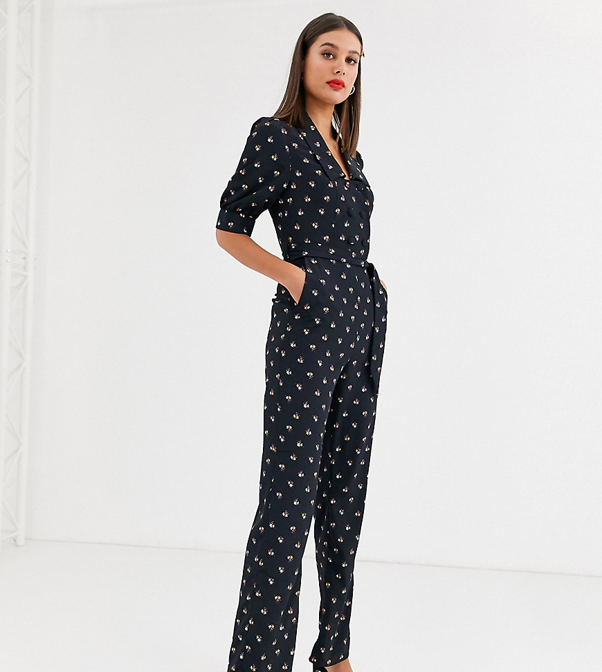 Fashion Union - Tall - Jumpsuit met dubbele knopen, strikceintuur en fijne bloemenprint-Zwart