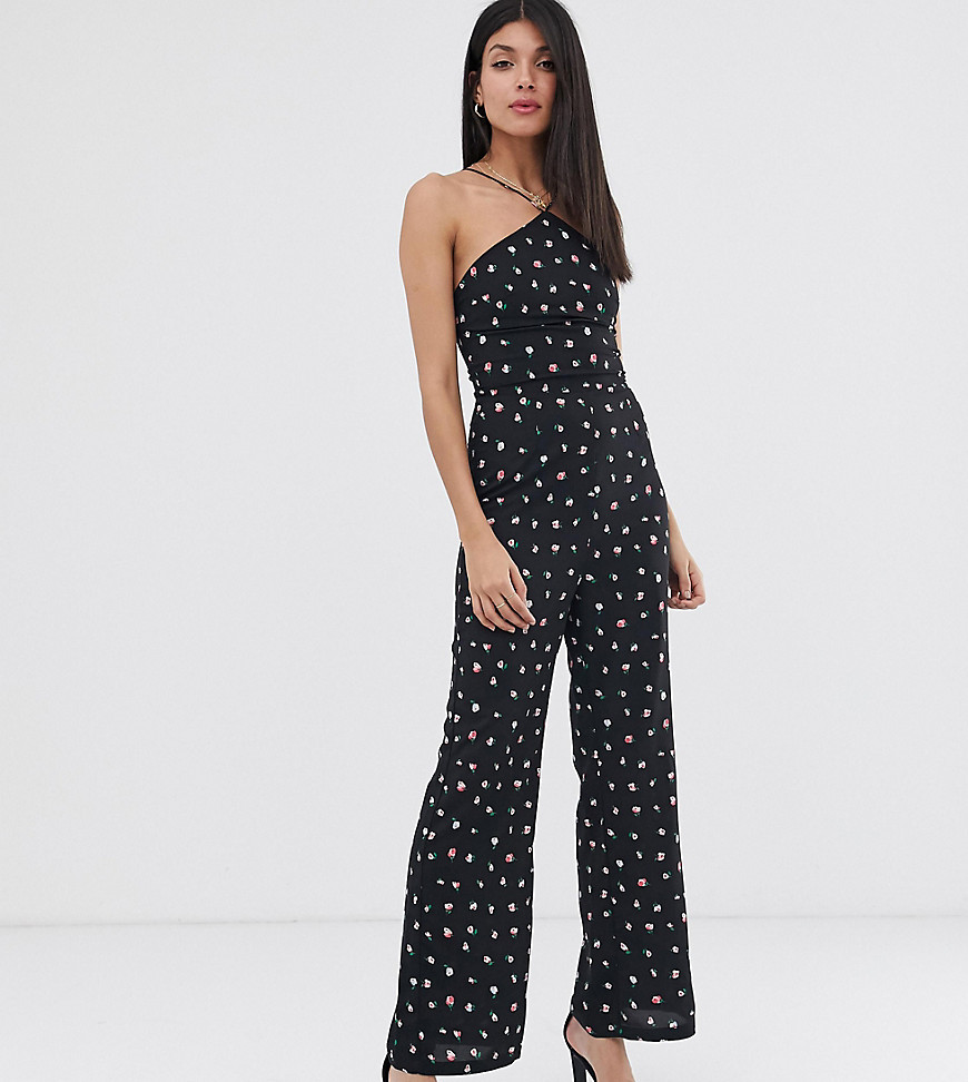 Fashion Union Tall - Jumpsuit met hoogsluitende halternek en bloemenprint-Zwart