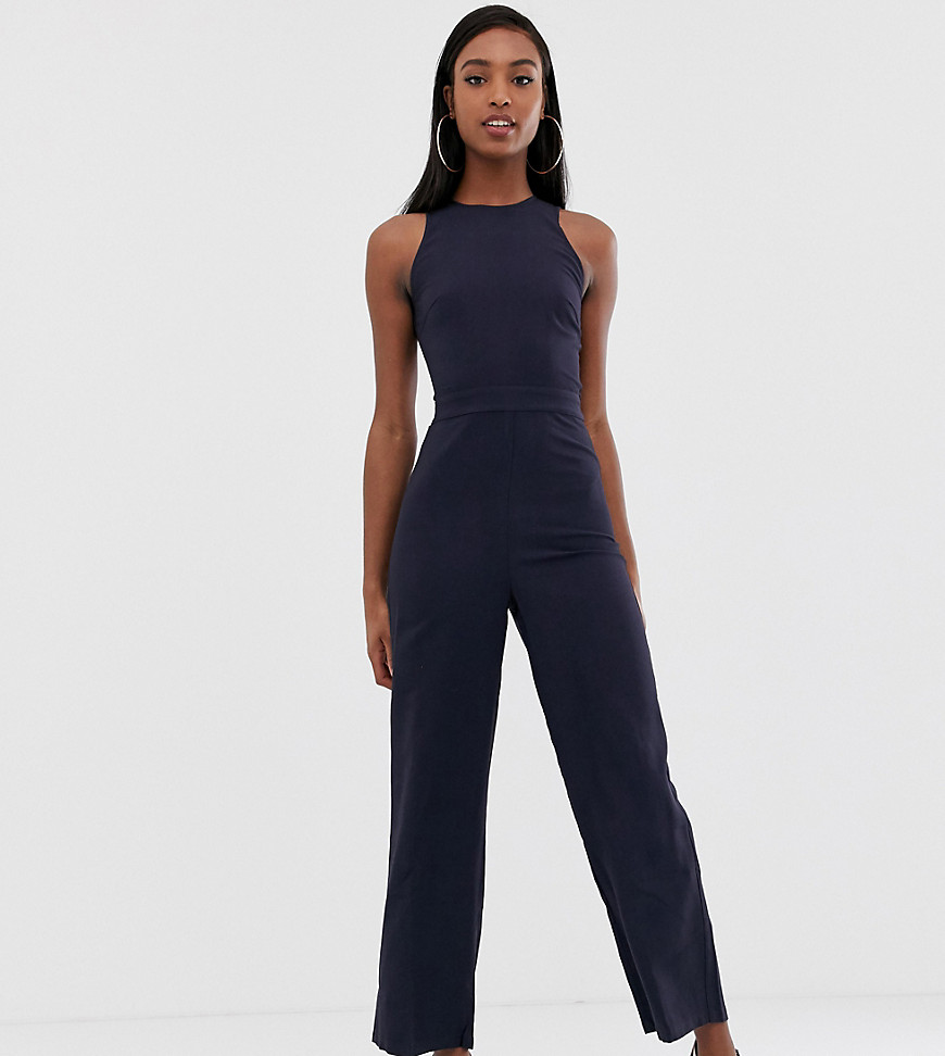 Fashion Union Tall - Jumpsuit met wijde pijpen en uitsnijding op de achterkant-Blauw